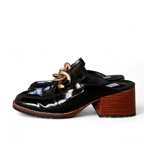 Steve Madden Shoes - Black Steve Madden faux patent leather mules with gold chain detail